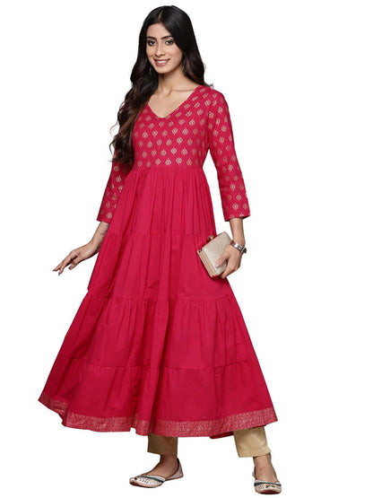 ishin Women's Cotton Ethnic Motifs Fuchsia Anarkali Kurta