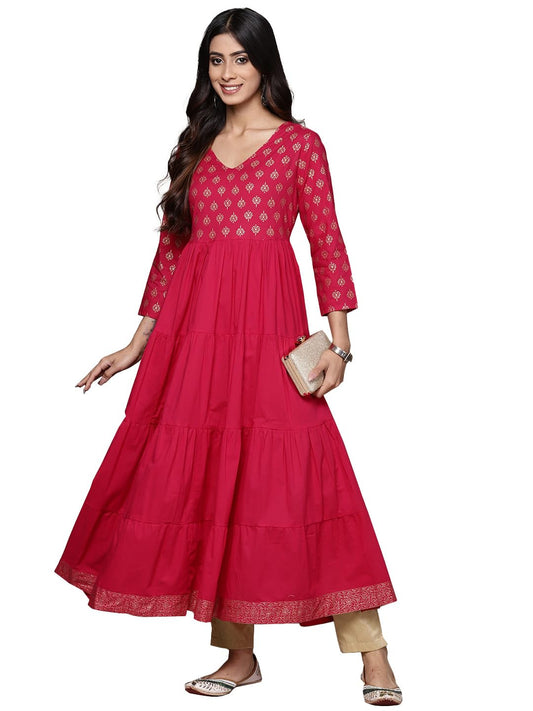 ishin Women's Cotton Ethnic Motifs Fuchsia Anarkali Kurta