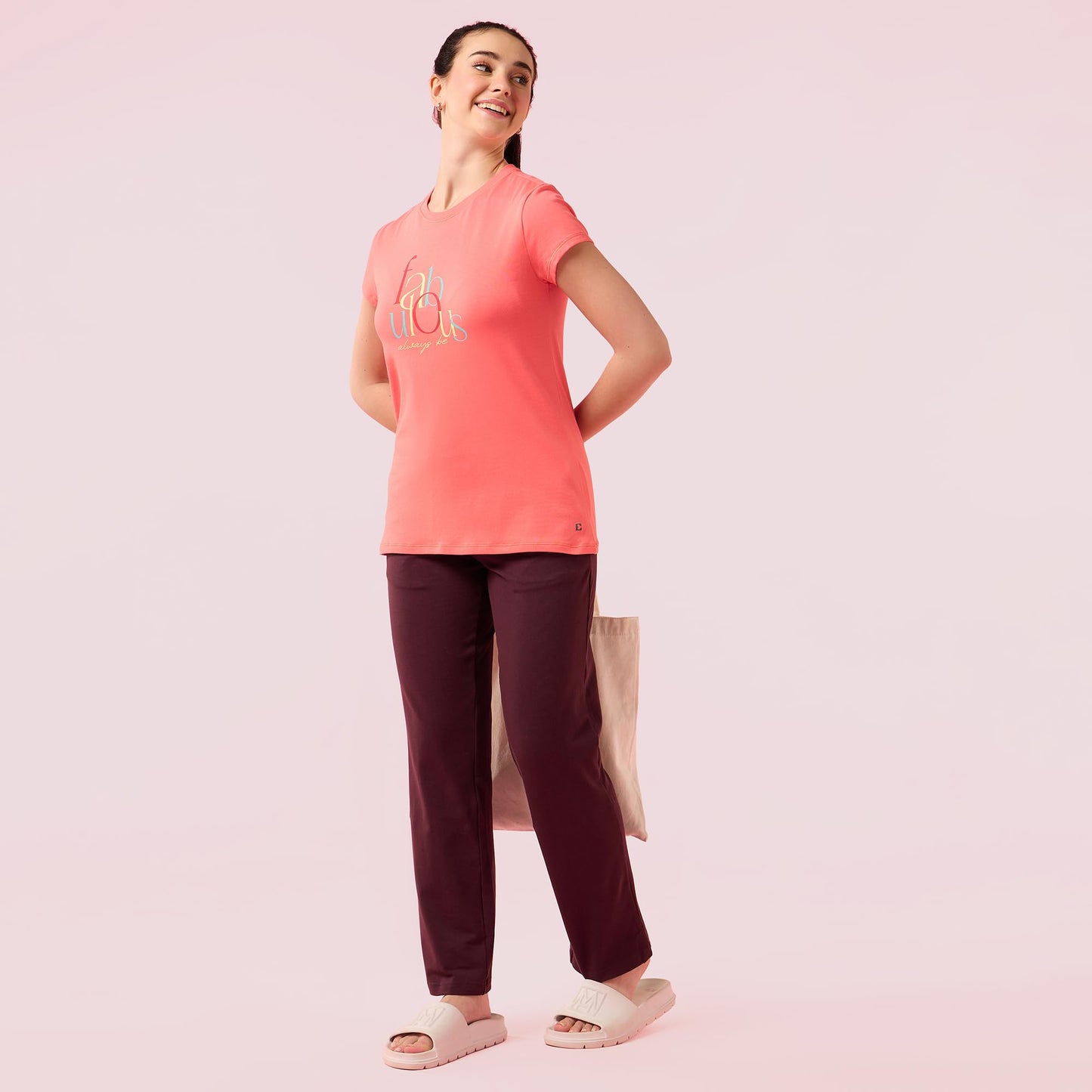 Enamor Womens Graphic Slim Fit T-Shirt (E147_Coral Fabulous