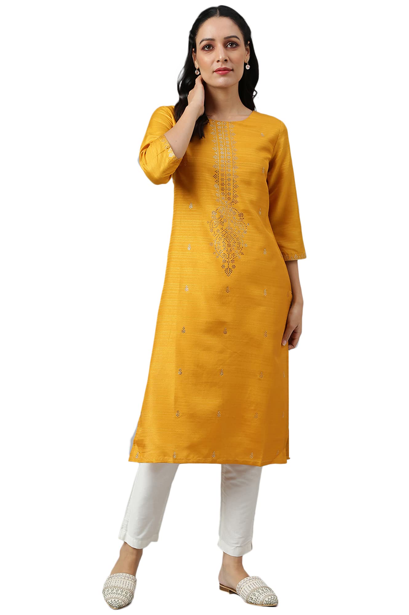 W Yellow Geometric Printed Gold Mukaish Regular Kurta For Women