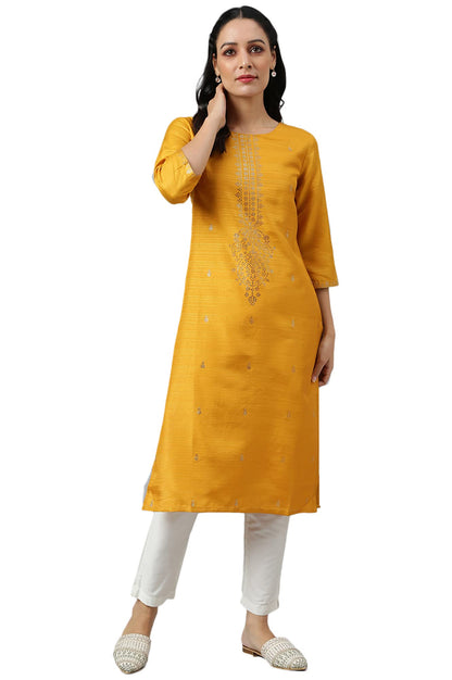 W Yellow Geometric Printed Gold Mukaish Regular Kurta For Women
