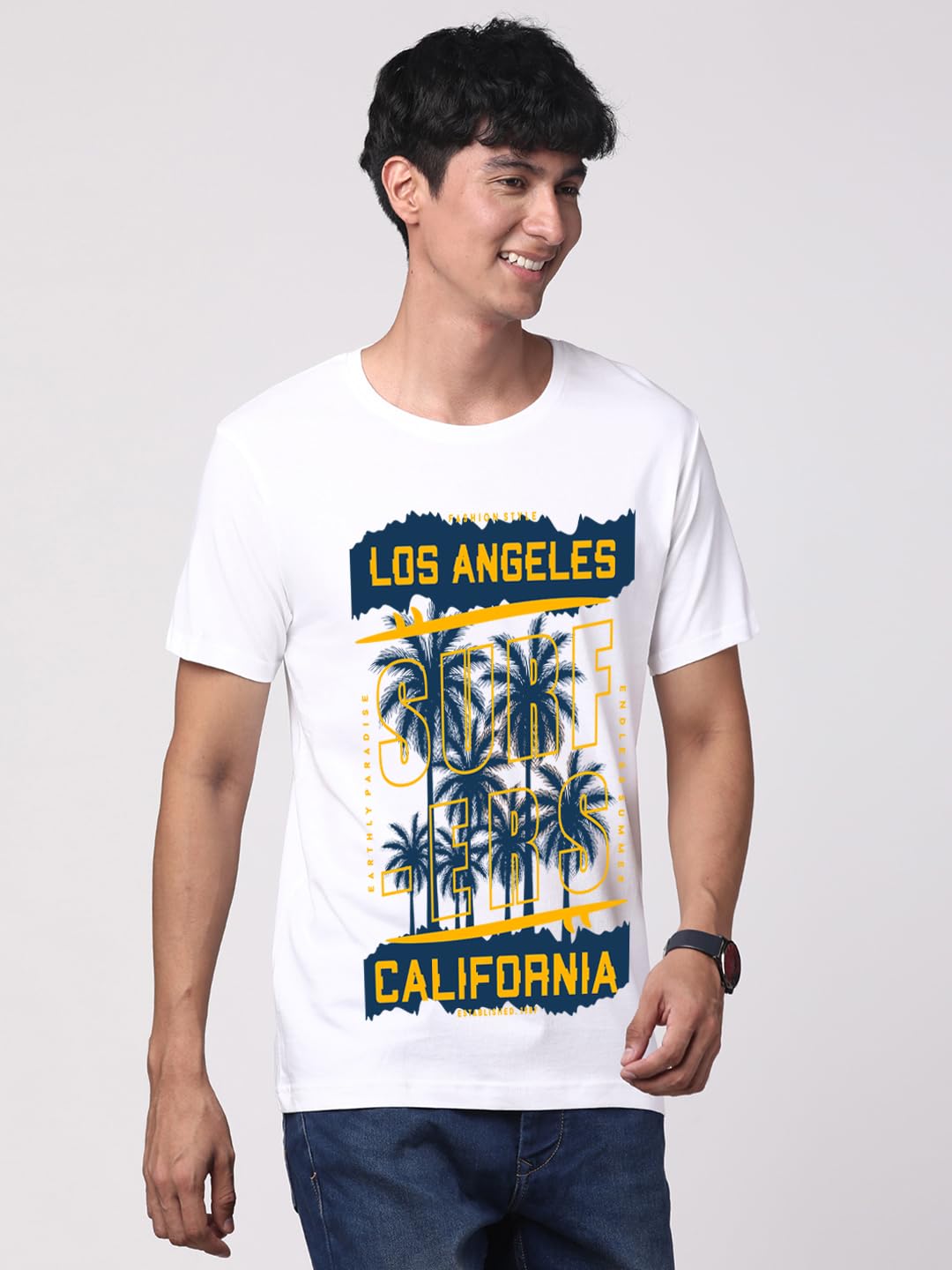 ADRO LA Surfers California Printed T-Shirt for Men - 100% Cotton, Regular Fit, Soft Breathable Fabric. (RN23-M-SRF-WH_White)