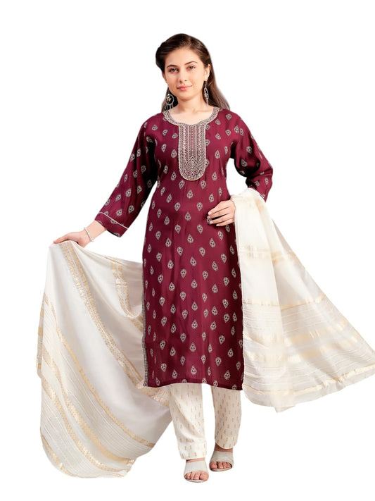 Aarika Girls Ethnic Wear Wine Colour Foil Print Embroidery Silk Kurti-8-15 Years (Kurti-Sd-5974)