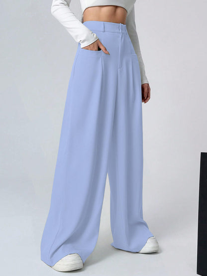 Shasmi Women & Girls Solid Sky Blue Color Loose Fit, Pleated Trousers, Wide Leg Pocket Casual Long Korean Trousers Pant (Pant 14