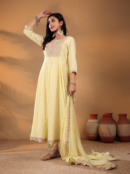 VARANGA Women Schiffli Thread Work Embroidered Anarkali Kurta with Solid Bottom & Dupatta ?Intricate Design, Comfortable Cotton Fabric, Stylish and Coordinated Look for Various Occasions