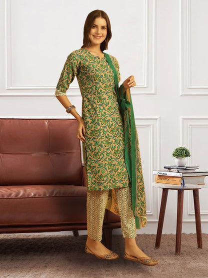 Pinkmint Salwar Suit Set for Women Cotton Leaf Printed Long Knee Length Straight Kurta Set (Pack of 1)
