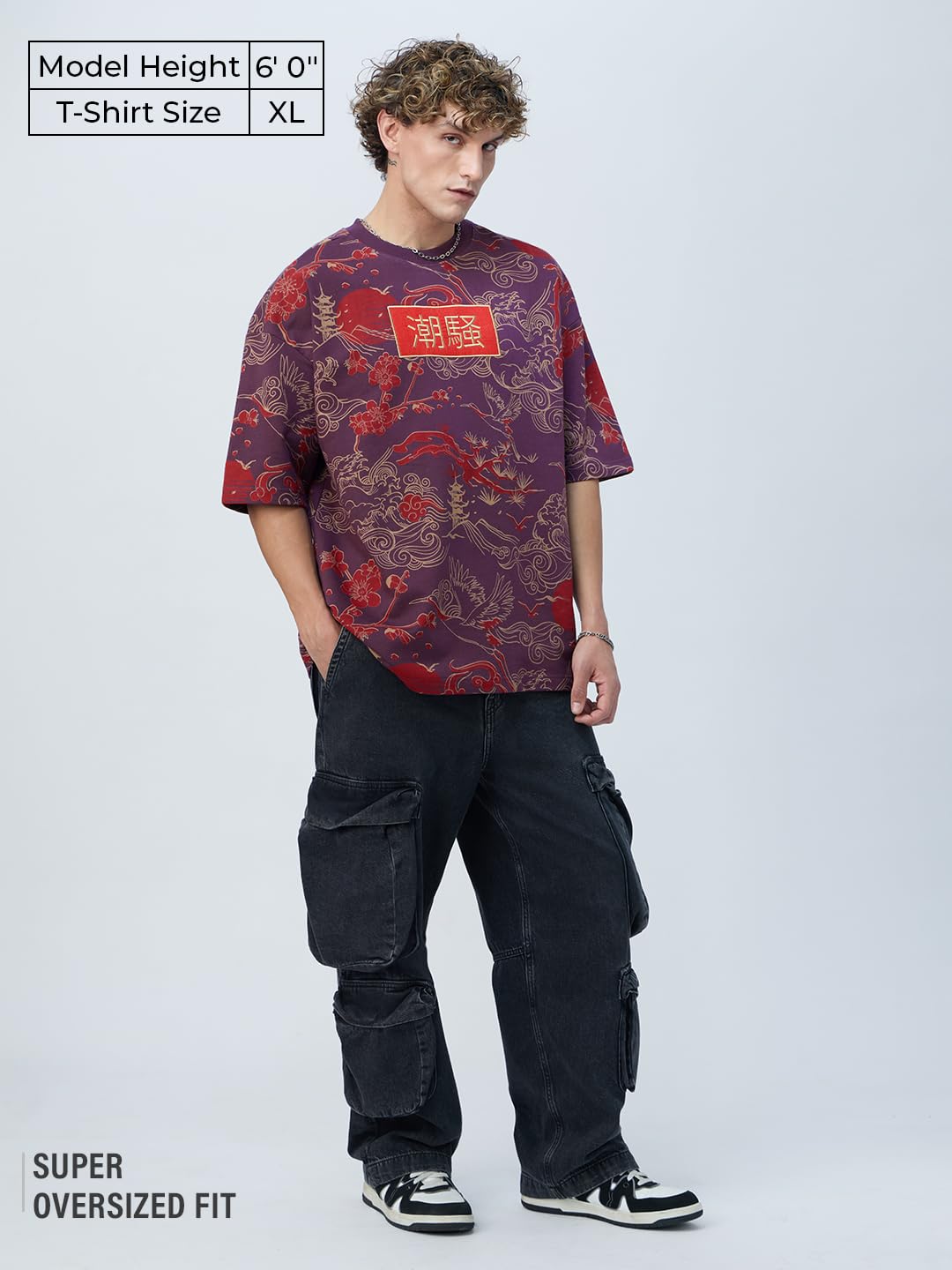 The Souled Store Originals: Sound of Waves Men and Boys Short Sleeves Round Neck Purple Embellished Lightweight Comfortable All-