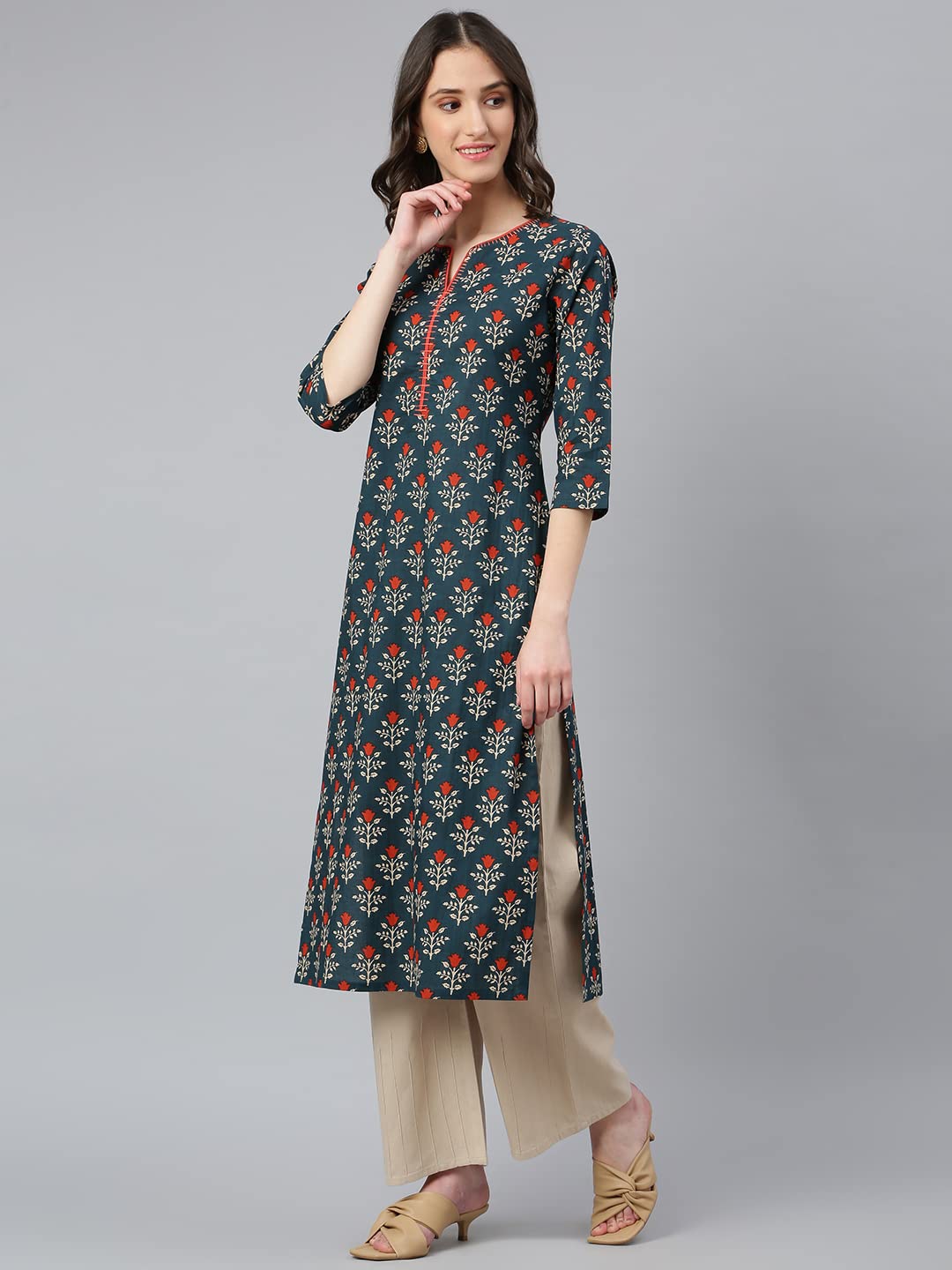 idaLia Sage Blue Floral Printed Kurta