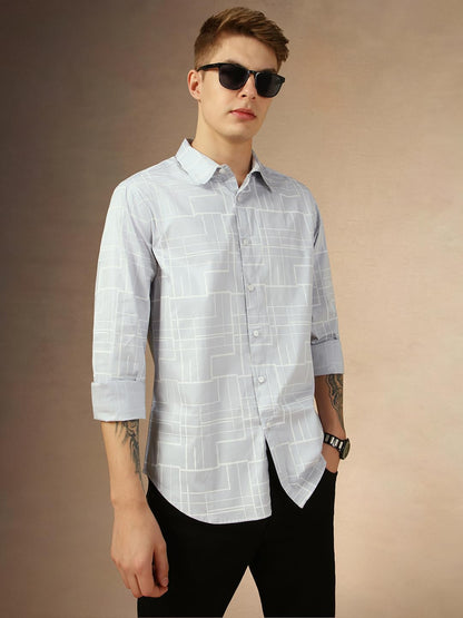 Dennis Lingo MenS Grey Full Sleeve Spread Collar Printed Regular Fit Casual Shirt