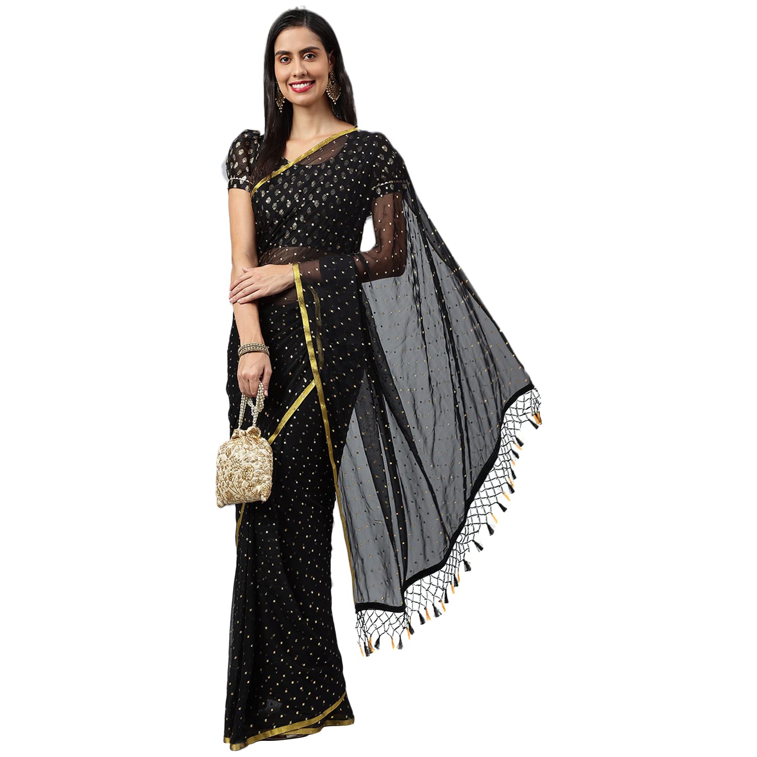 Gosriki WomenS Chiffon Solid Polka Dots Saree With Blouse Piece(Mitha Black-Go_Red)