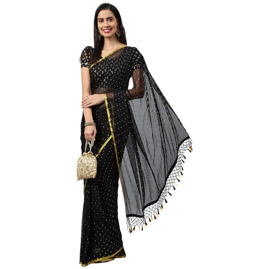 Gosriki WomenS Chiffon Solid Polka Dots Saree With Blouse Piece(Mitha Black-Go_Red)