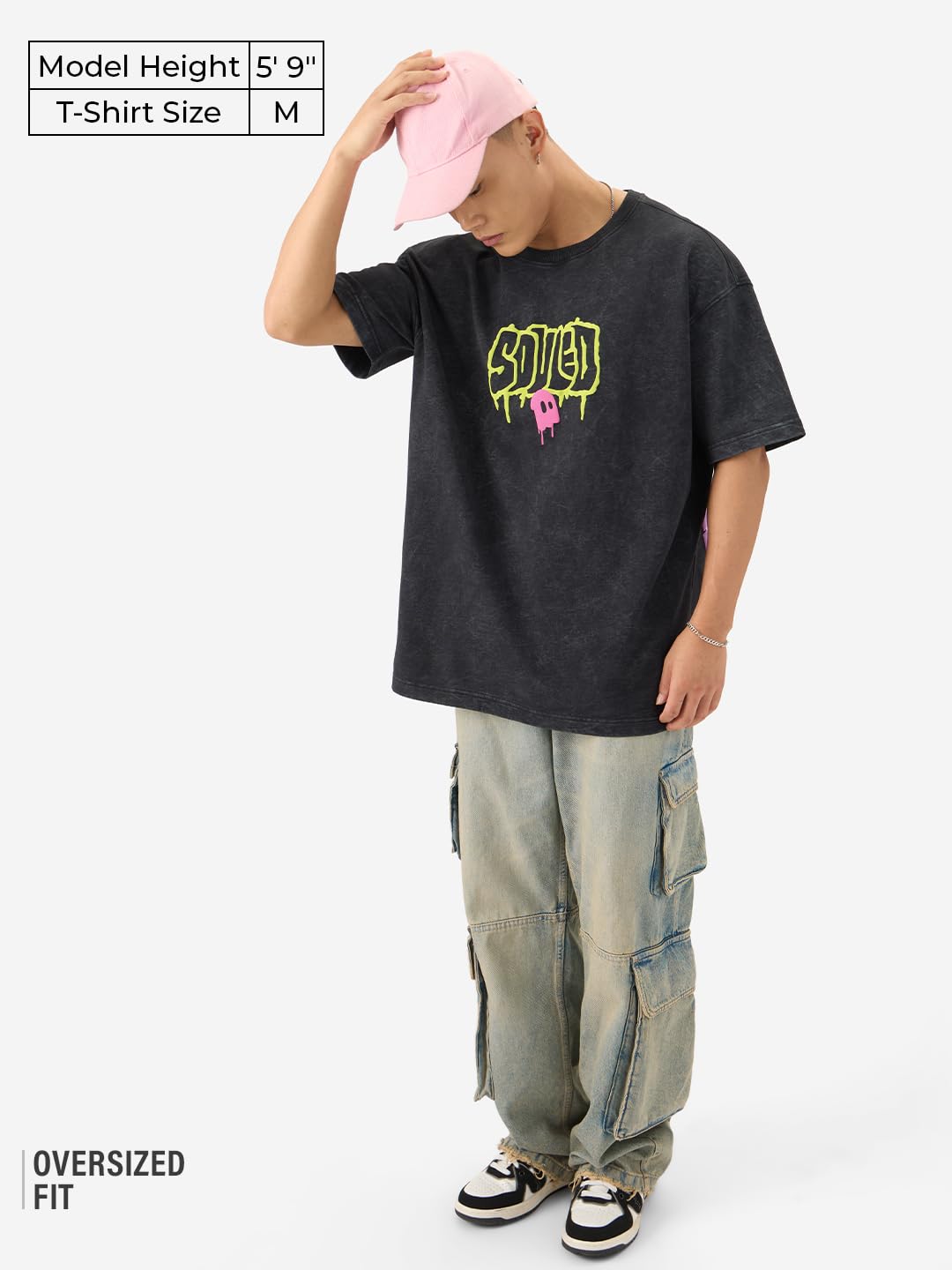 The Souled Store Made by Humans Men and Boys Short Sleeve Round Neck Black Graphic Printed Cotton Oversized T-Shirts