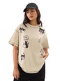 The Souled Store Ted The Stoner: Cat Displaced Women and Girls Short Sleeves Round Neck Brown Graphic Printed Cotton Oversized T