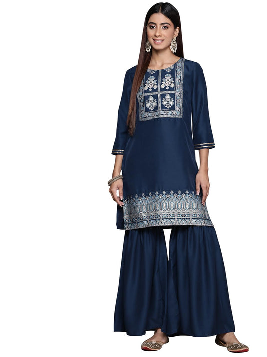 ZIYAA Art Silk Women's Navy Blue Chinon Straight Kurta and Sharara Set