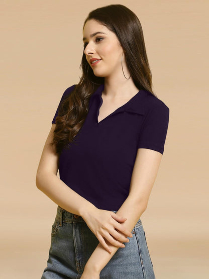 Pinkmint Womens Solid Cotton Collar Neck Top ll Lycra Crop Tank T-Shirt ll Korean Trendy Half Sleeve ll Stylish Collared T-Shir