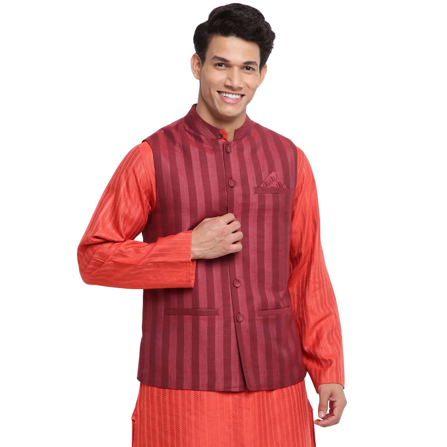 Fabindia Men Viscose Blend Striped Nehru Jacket Maroon_S
