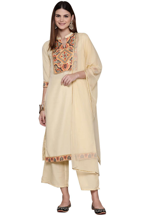 ZIYAA Women Women's Cream Chinon Kurta, Palazzo And Dupatta Set
