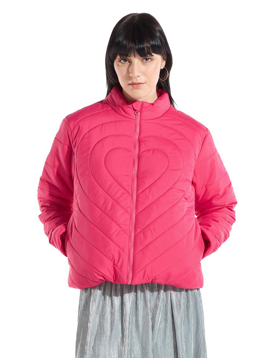 Bewakoof Womens Solid Oversized Fit Full Sleeve High Neck Nylon Puffer Jacket_640982_Pink_XS