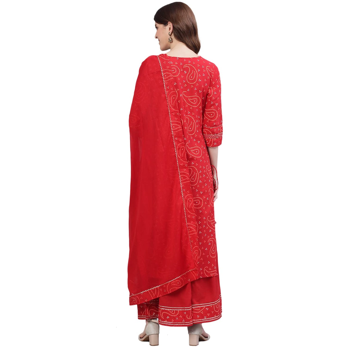 ishin Women's Pure Cotton Red Embroidered & Sequinned A-Line Kurta suit set With Dupatta & Sharara