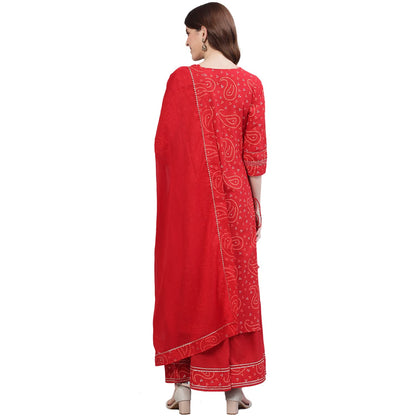 ishin Women's Pure Cotton Red Embroidered & Sequinned A-Line Kurta suit set With Dupatta & Sharara