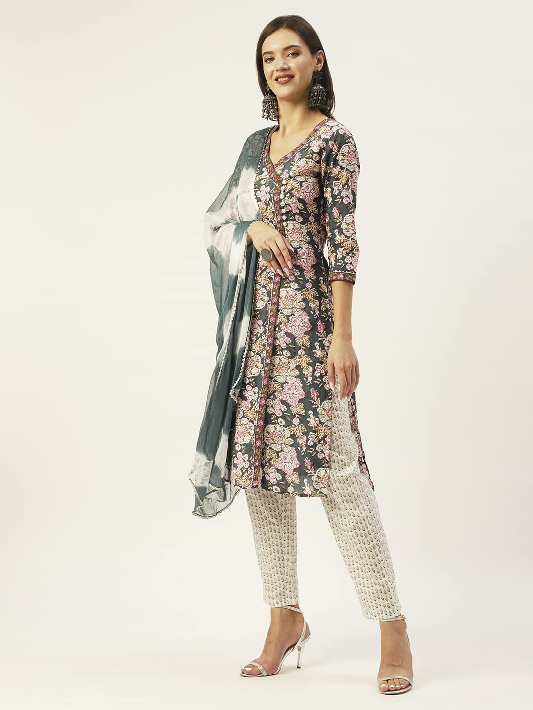 anubhutee Women's Cotton Teal Floral Printed Straight Kurta Suit Set With Pants And Dupatta