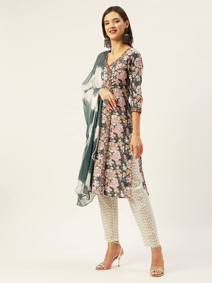 anubhutee Women's Cotton Teal Floral Printed Straight Kurta Suit Set With Pants And Dupatta