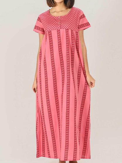 Evolove WomenS Cotton Long Maxi Night Gown Nighty Dress With Pocket & Stylish Button, Super Soft Comfortable (Pink & Red, Lngco