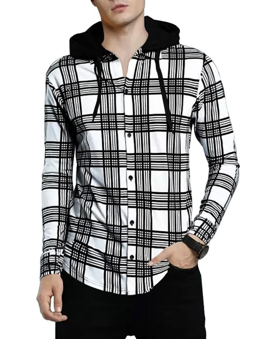 Noble Monk Mens Hooded Neck Full Sleeve Shirt | Regular Fit | Checkered Pattern | Casual Shirt For Men White Black