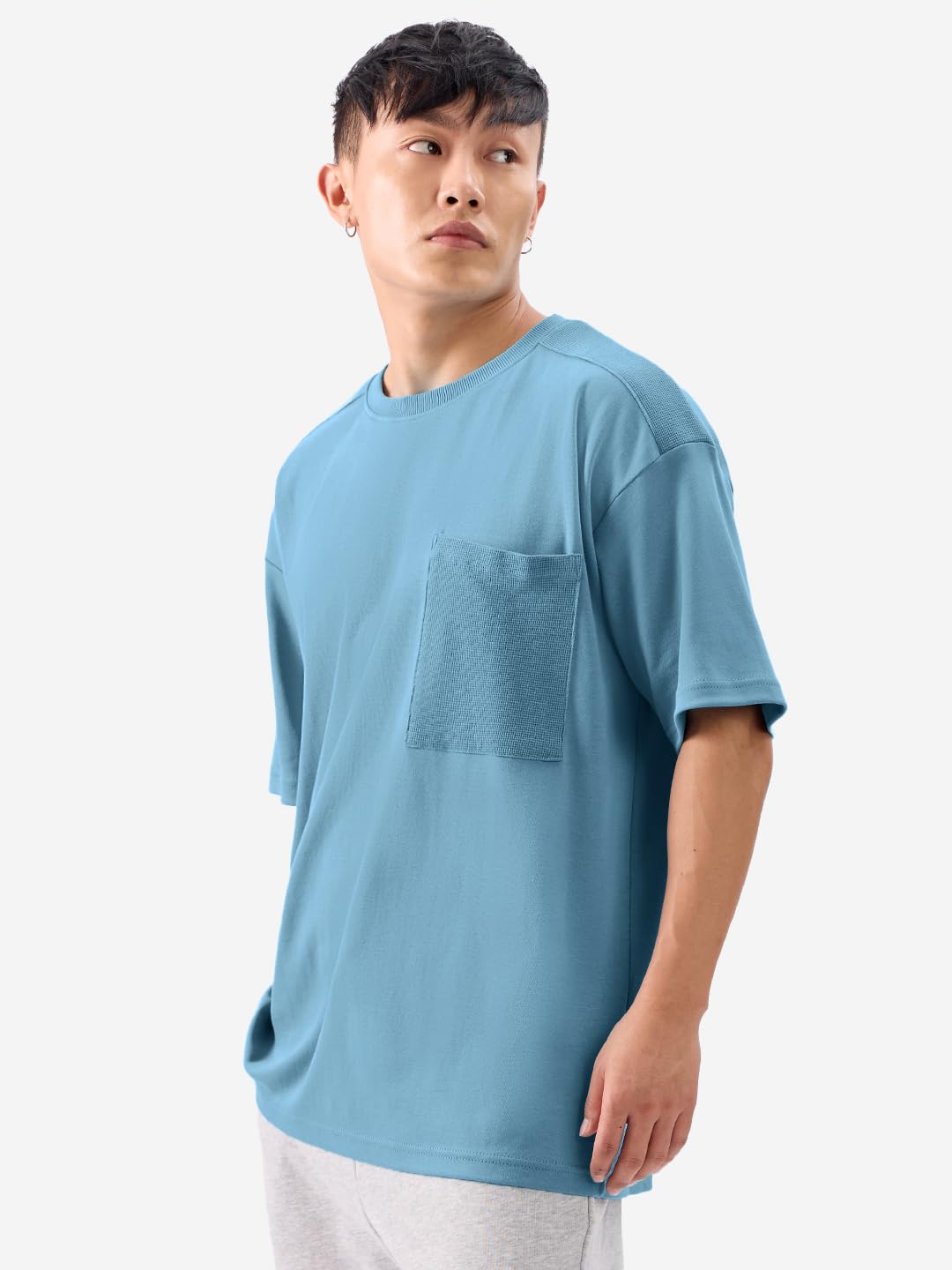 The Souled Store Solids: Arctic Blue Men and Boys Short Sleeves Round Neck Cotton Oversized T-Shirts