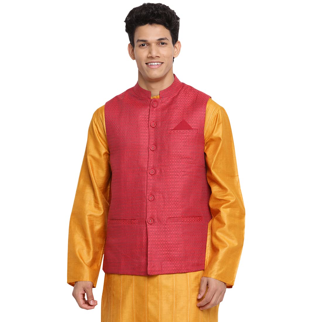 Fabindia Men Linen Woven Nehru Jacket Red_S
