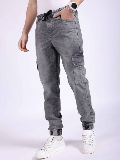The Indian Garage Co Men Regular Fit Solid Mid-Rise Stretchable Denim Cargo Joggers