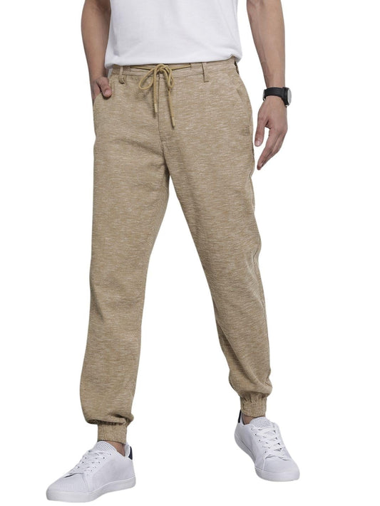 The Indian Garage Co Men Slim Fit Solid Mid-Rise Cuffed Joggers Beige