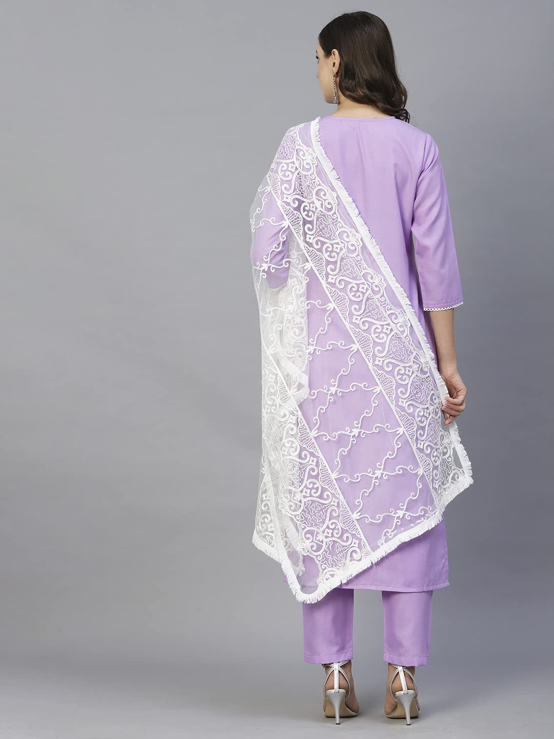 ANNI DESIGNER Women's Cotton Blend Straight Solid Kurta with Pant & Dupatta (EDDA-PURPLE)