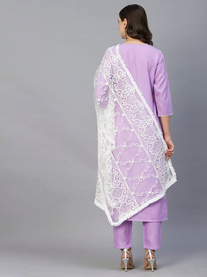 ANNI DESIGNER Women's Cotton Blend Straight Solid Kurta with Pant & Dupatta (EDDA-PURPLE)
