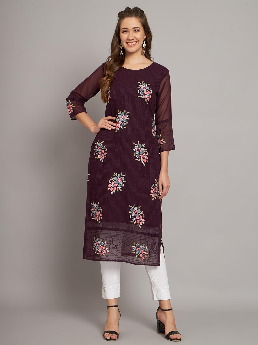 Ekasya WomenS Georgette Straight Cut Round Neck Kurta With Beautiful Floral Embroidery Work - Elegant Design, Comfortable Fit,