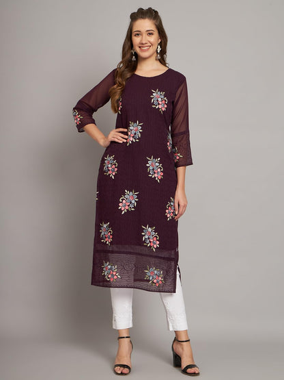 Ekasya WomenS Georgette Straight Cut Round Neck Kurta With Beautiful Floral Embroidery Work - Elegant Design, Comfortable Fit,