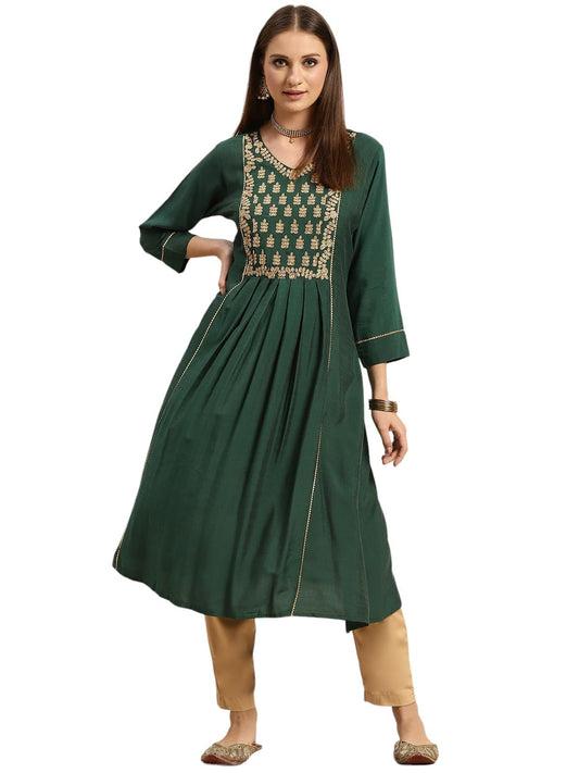 rangita Green Viscose Blend Calf Length Embroidered Flared Kurti for Women | Kurta for Women