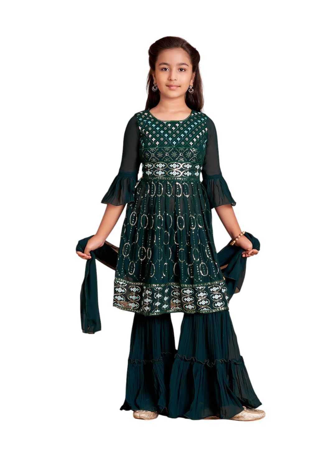 Aarika Girls Ethnic Wear Dark Green Colour Sequin Thread Embroidery Kurti Sharara Set With Dupatta-(5-11 Years)-(SH-MC-1644-D-GR