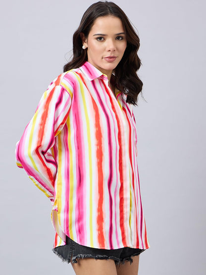 Style Quotient Women Pink and Multi Stripe Printed Polyester Relaxed Fit Smart Casual Shirt
