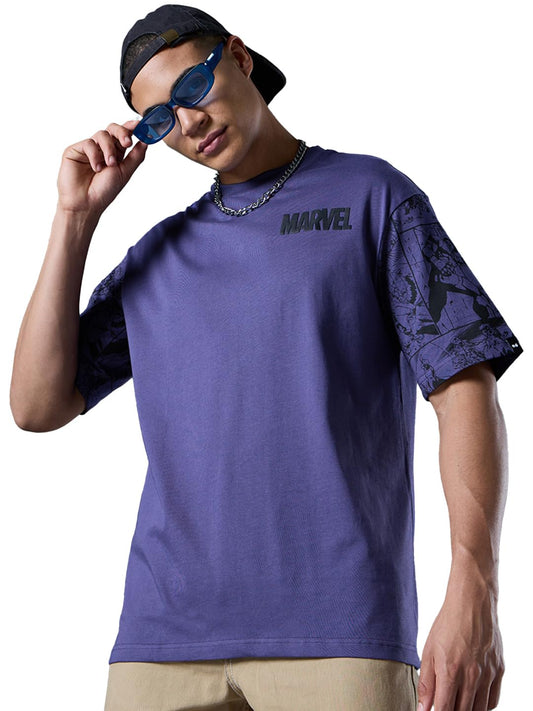 Bewakoof Official Marvel Merchandise Men Graphic Print Oversized Fit Half Sleeve Round Neck Cotton T-Shirt_627965_Blue_M