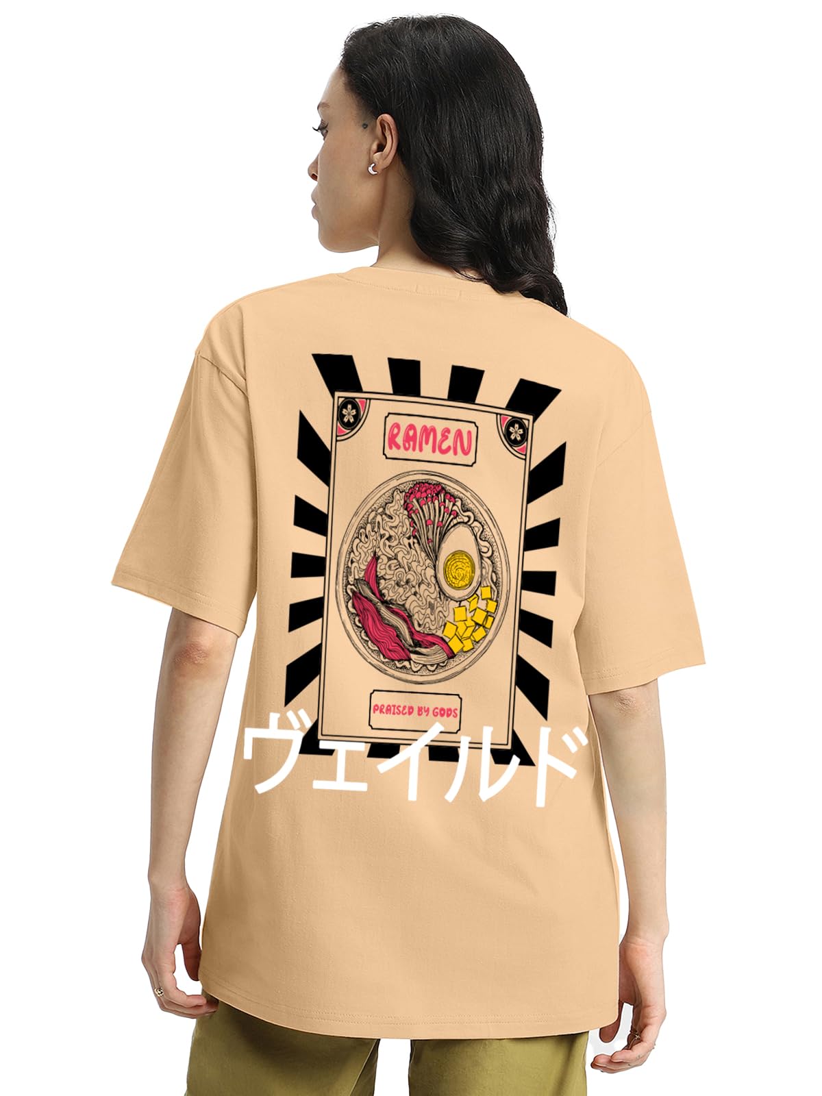 Veirdo Womens Cotton Oversized Baggy Fit Ramen Graphic Printed T-Shirt/Girls