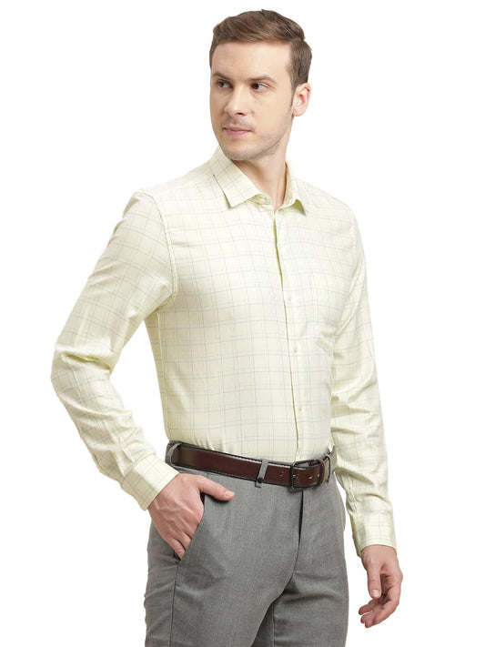 Turtle Men Giza Cotton Slim Fit Yellow Checkered Full Sleeve Formal Shirt