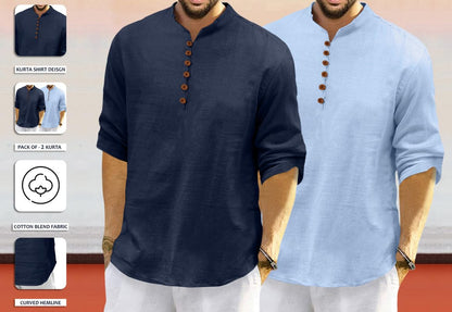 Royalscout MenS Cotton Polyester Blend Solid Regular Fit Full Sleeve Short Kurta | Ethnic, Lightweight Summer Kurta For Daily &