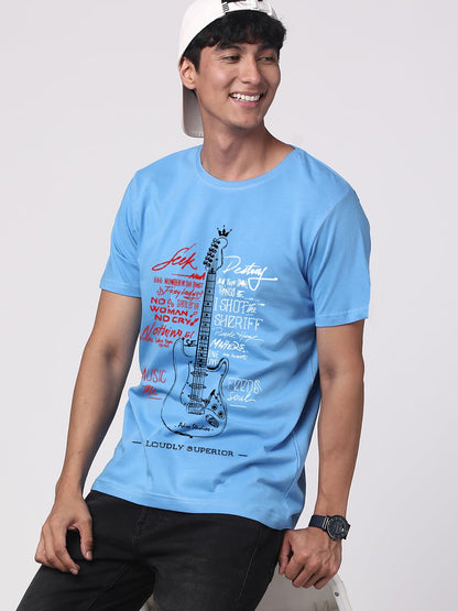 ADRO Guitar Design Printed T-Shirt for Men - 100% Cotton, Regular Fit, Soft Breathable Fabric. (RN23-M-GTR-SK_SkyBlue)