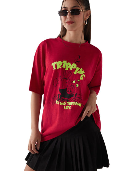 Bewakoof Air 1.0 Official Disney Merchandise Donald Duck Womens Graphic Print Oversized Fit Half Sleeve Round Neck Cotton Slub