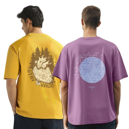 Nobero MenS Graphic Print Oversized Fit T-Shirt (1M-Twrt-C1242-Po2_Mustard Yellow/Grape Nectar