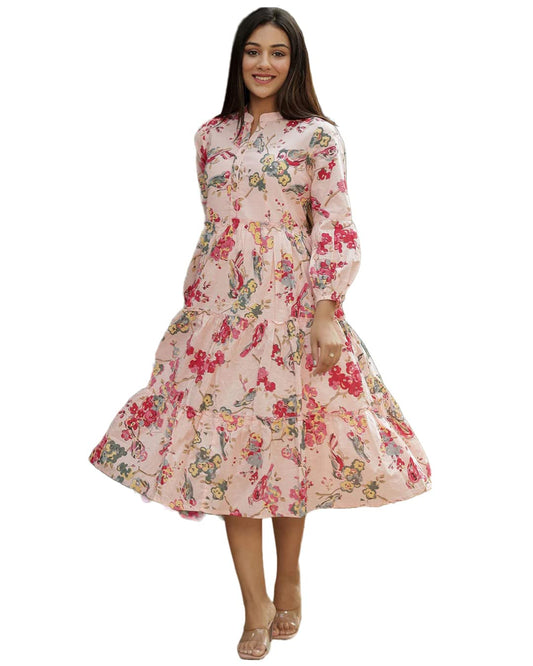 Gosriki WomenS Printed Rayon Smocked Tiered Midi Dress (Aas-Pink-Dress_Xl-Gs_Pink_X-Large)