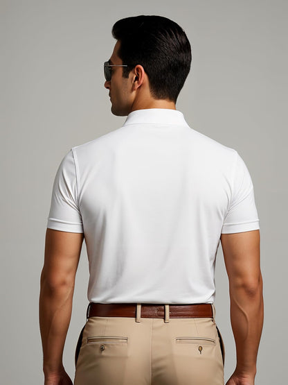 Mens Cotton Printed Polo Tshirt | 220 GSM Interlock Fabric | Slim Fit | Skin-Friendly Ink | Milk White Golf-Inspired Pattern T