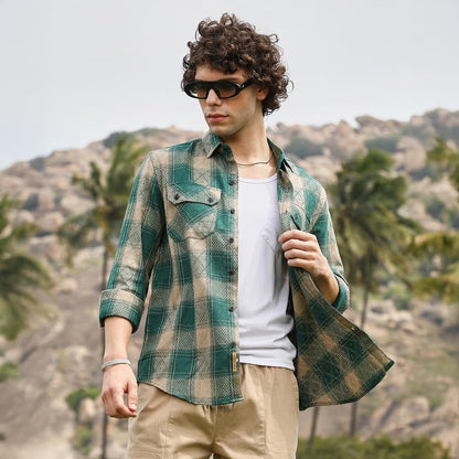 Campus Sutra Mens Emerald Green & Sand Beige Buffalo Check Utility Shirt for Casual Wear | Spread Collar | Long Cuffed Sleeves