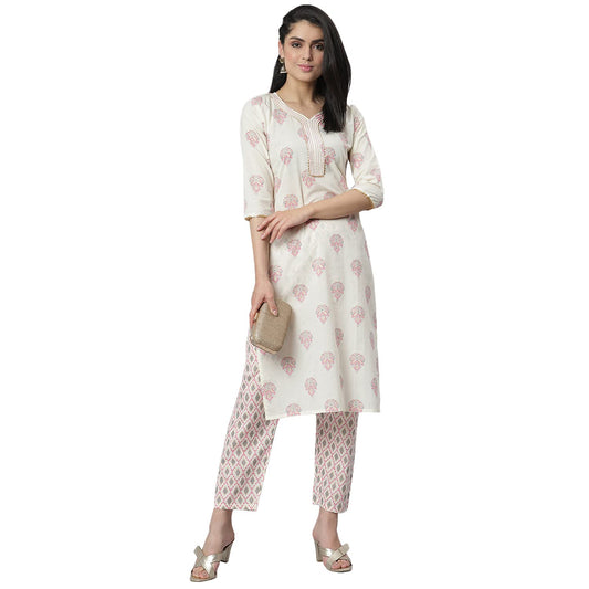Stylum Women's Printed Cotton Straight Kurta Pant Set (Off White)